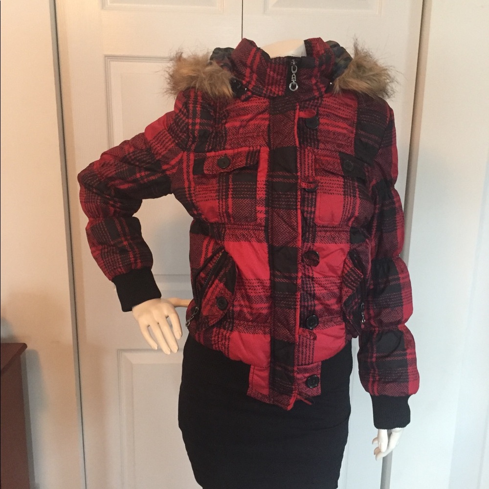 Urban Republic Red and Black Plaid Puffer Jacket